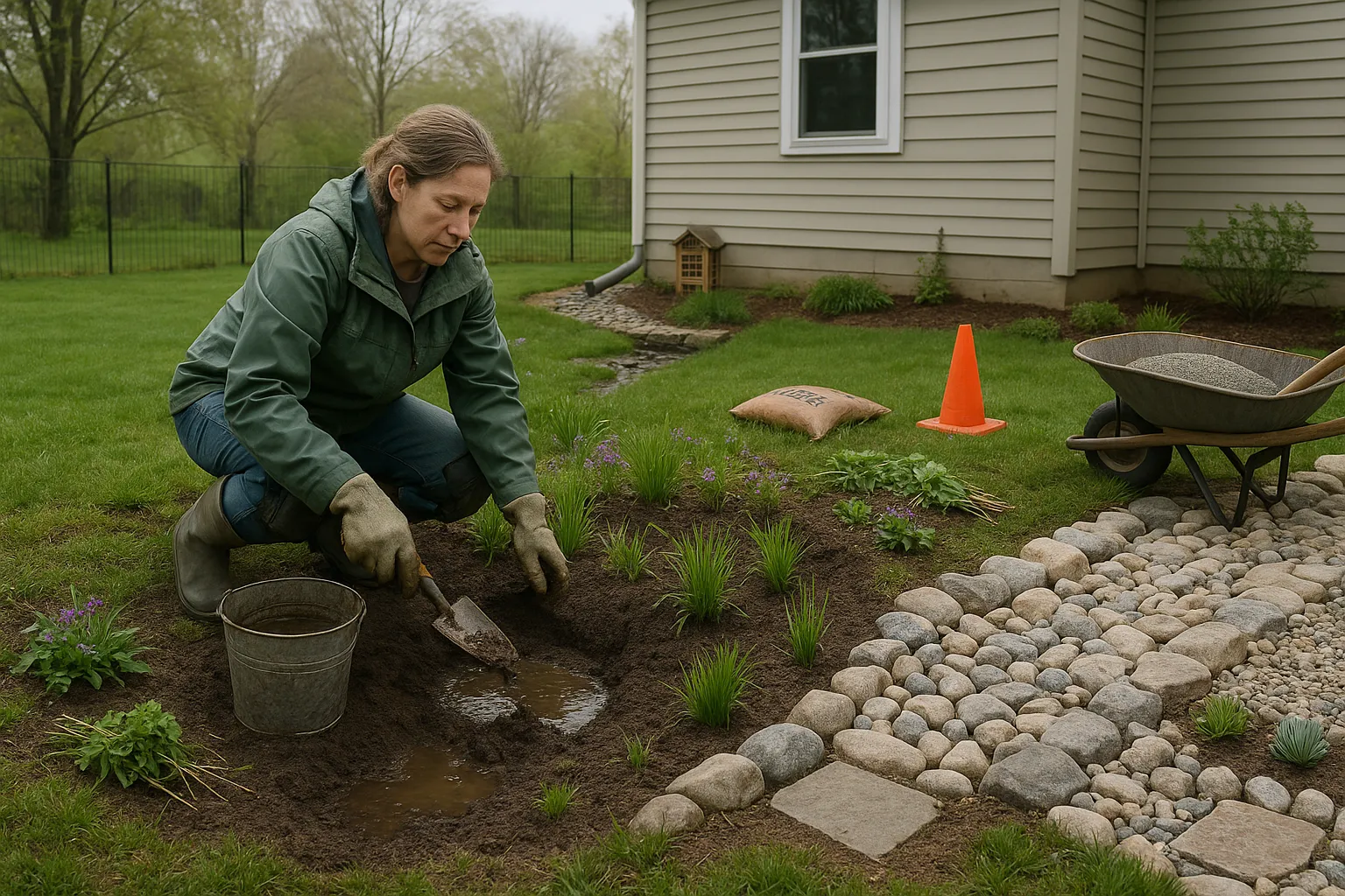 Gardener removing sediment from a rain garden beside a maintained rock garden.