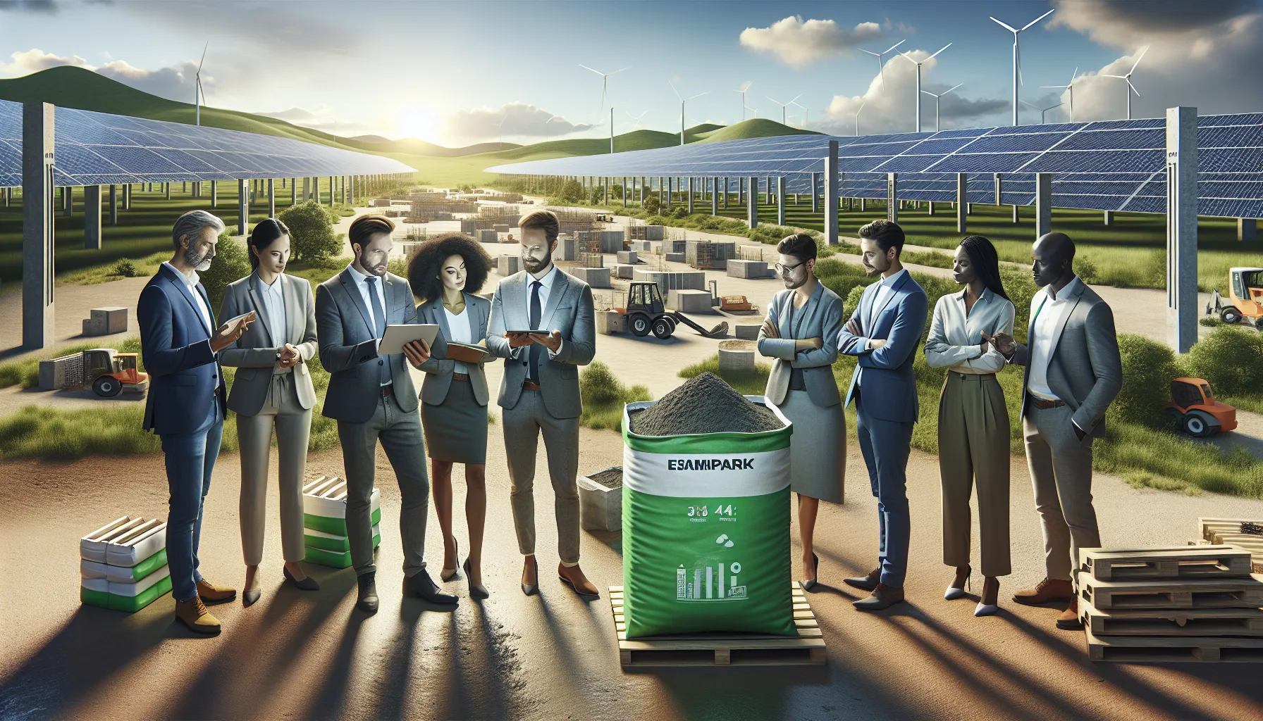 professionals discussing eco-friendly cement at a construction site.