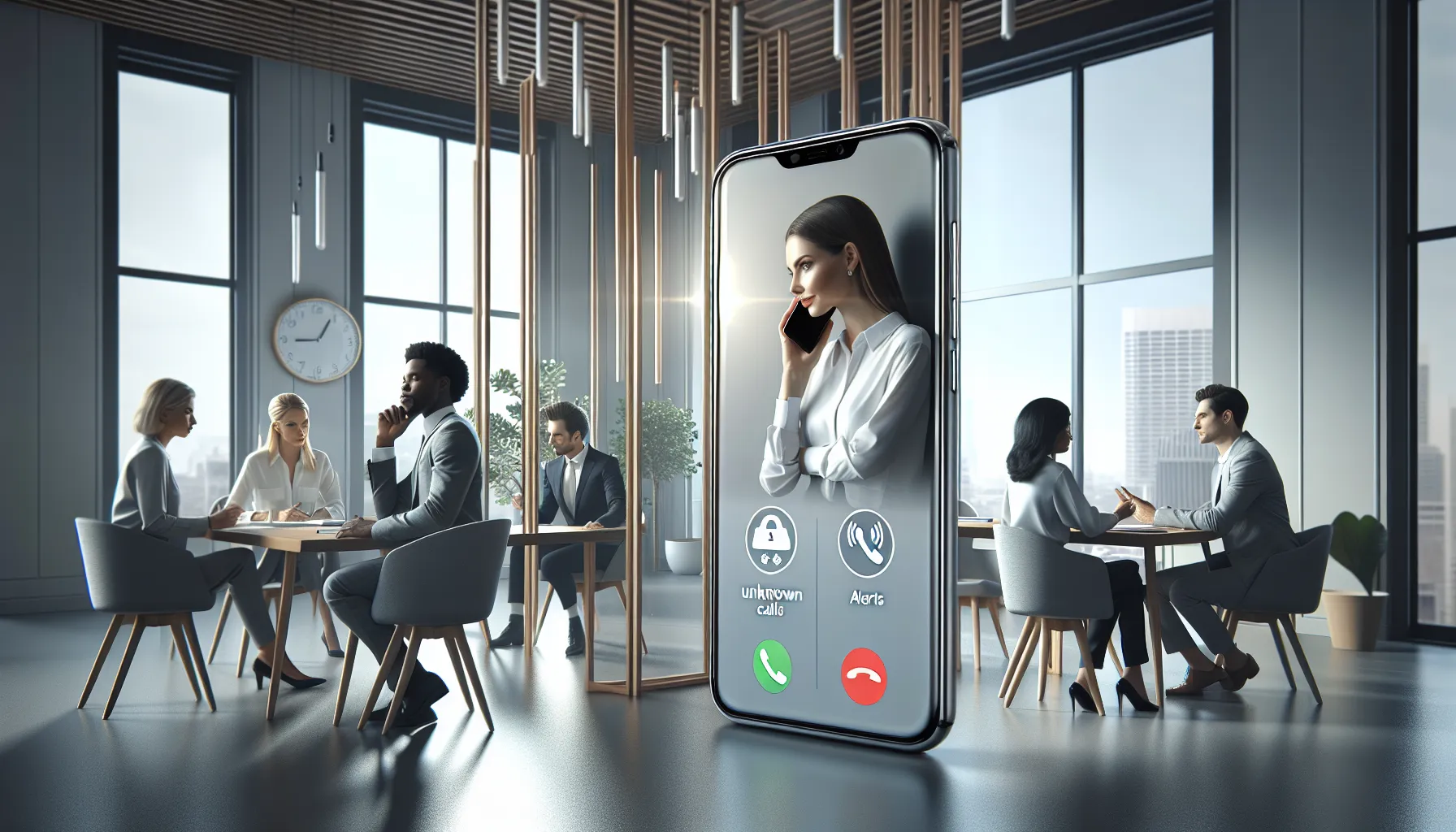 smartphone displaying call-blocking features in a modern office.