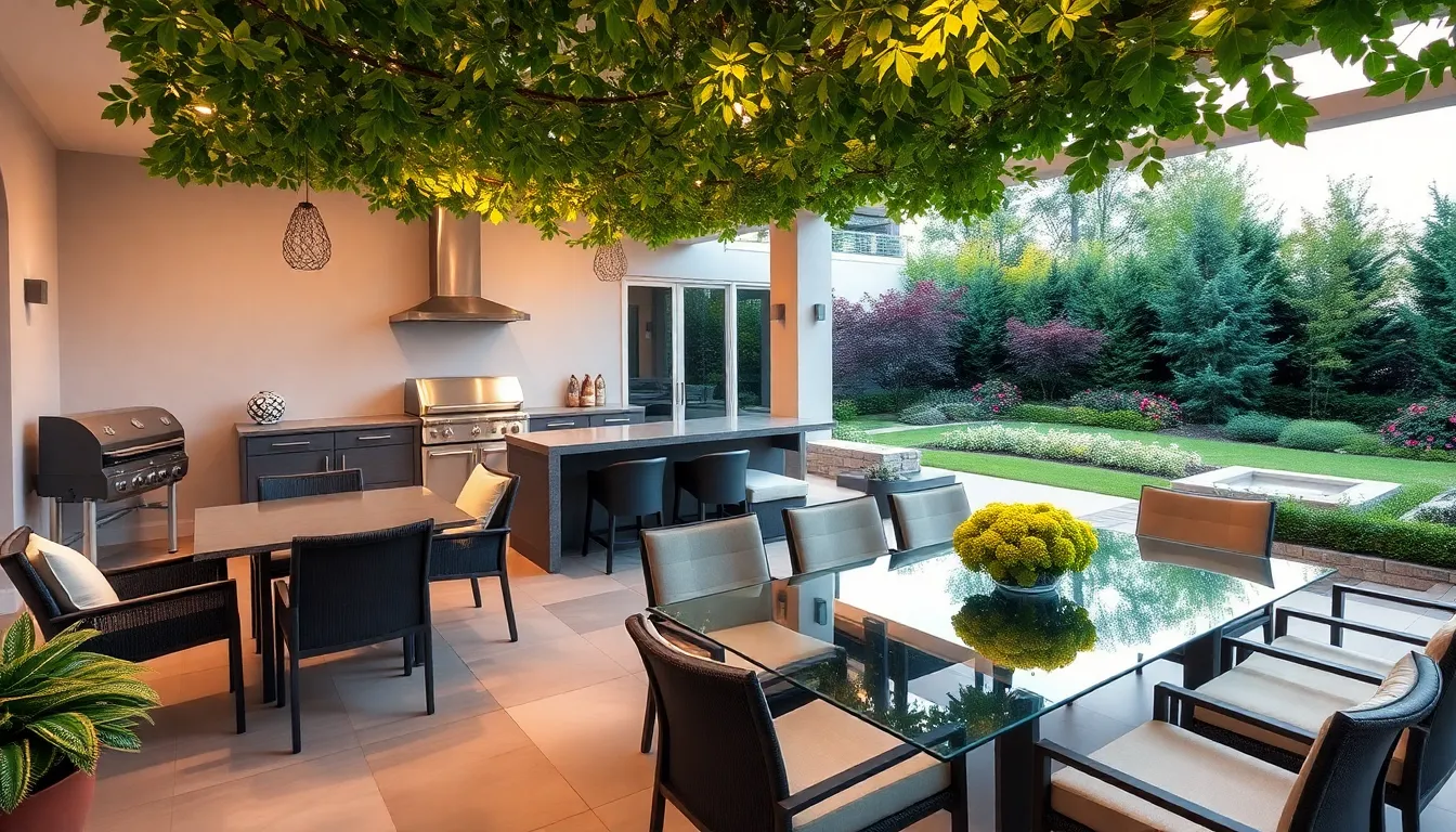 stylish outdoor living space with dining area and reading nook.