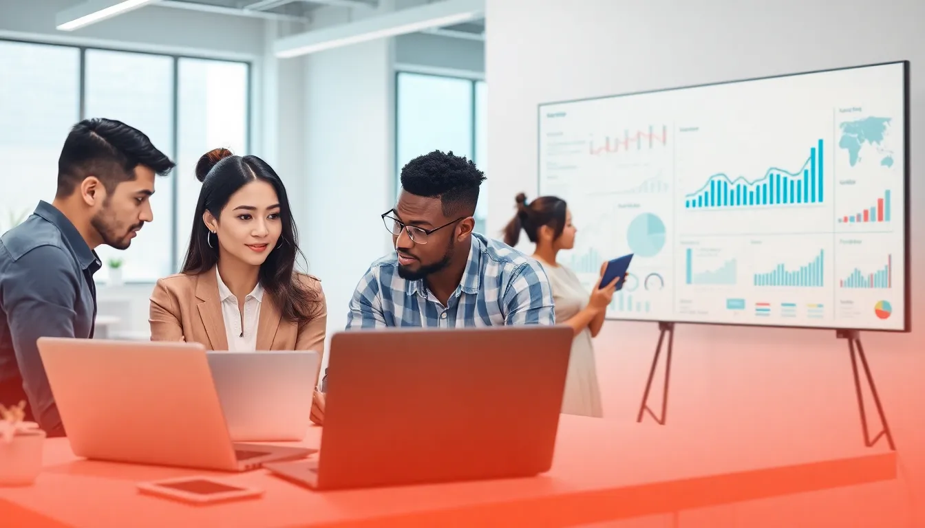 diverse sales team collaborating with digital tools in a modern office.