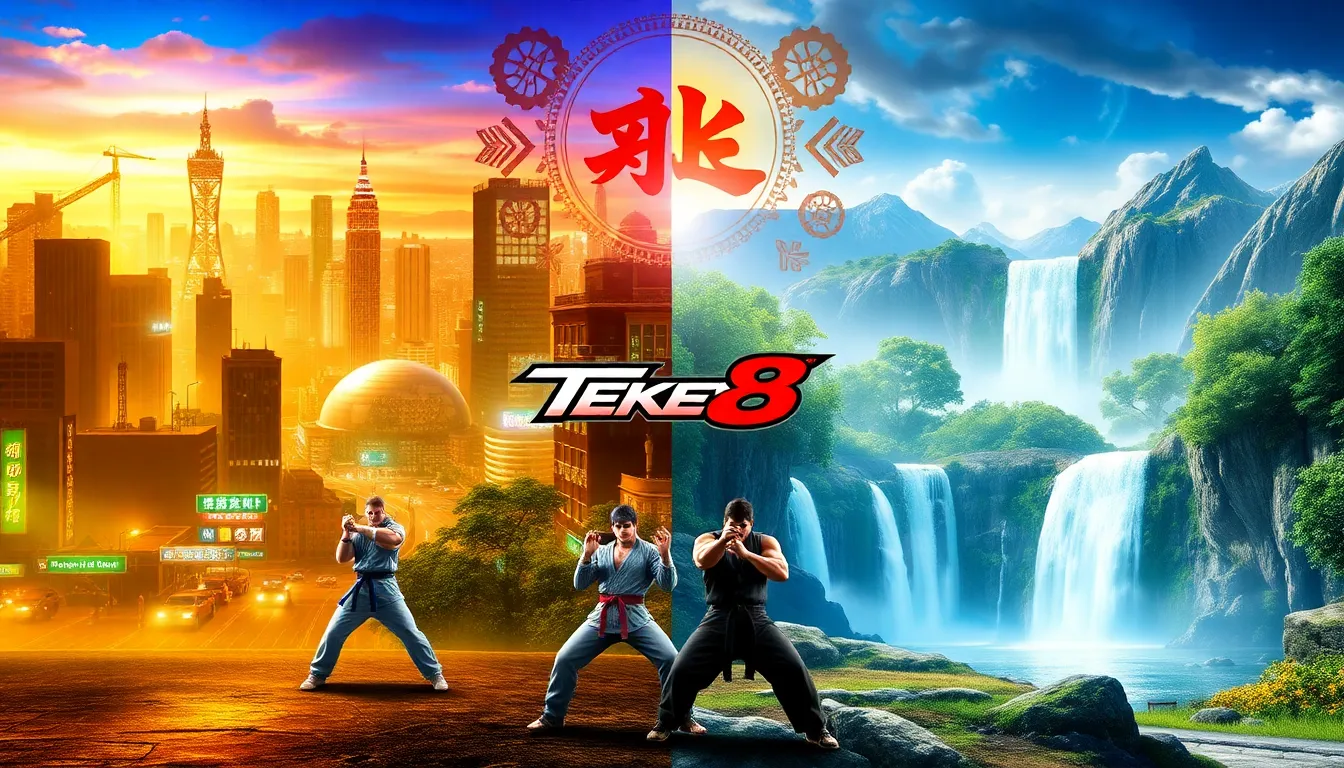 Split-screen showcasing diverse stages from Tekken 8 with fighters in action.