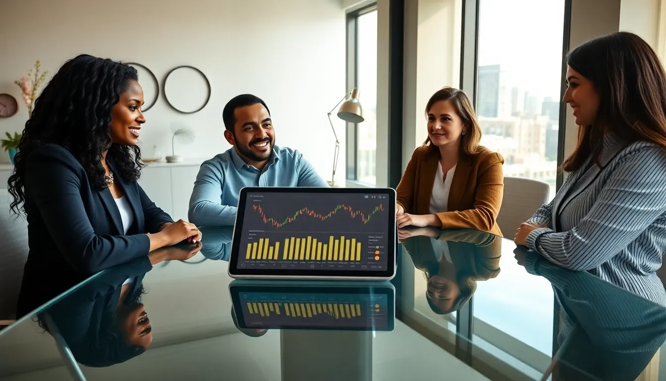 diverse professionals discussing cryptocurrency in a modern office.