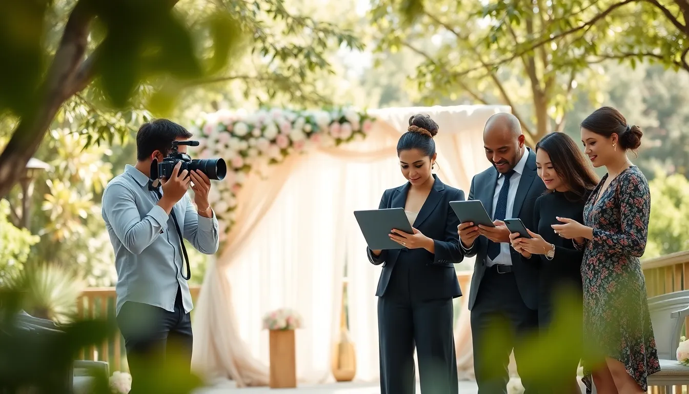 wedding professionals collaborating on content creation outdoors.