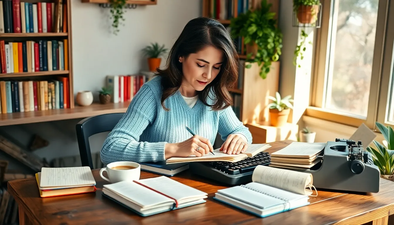 An author writing in a cozy, book-lined study with a typewriter.