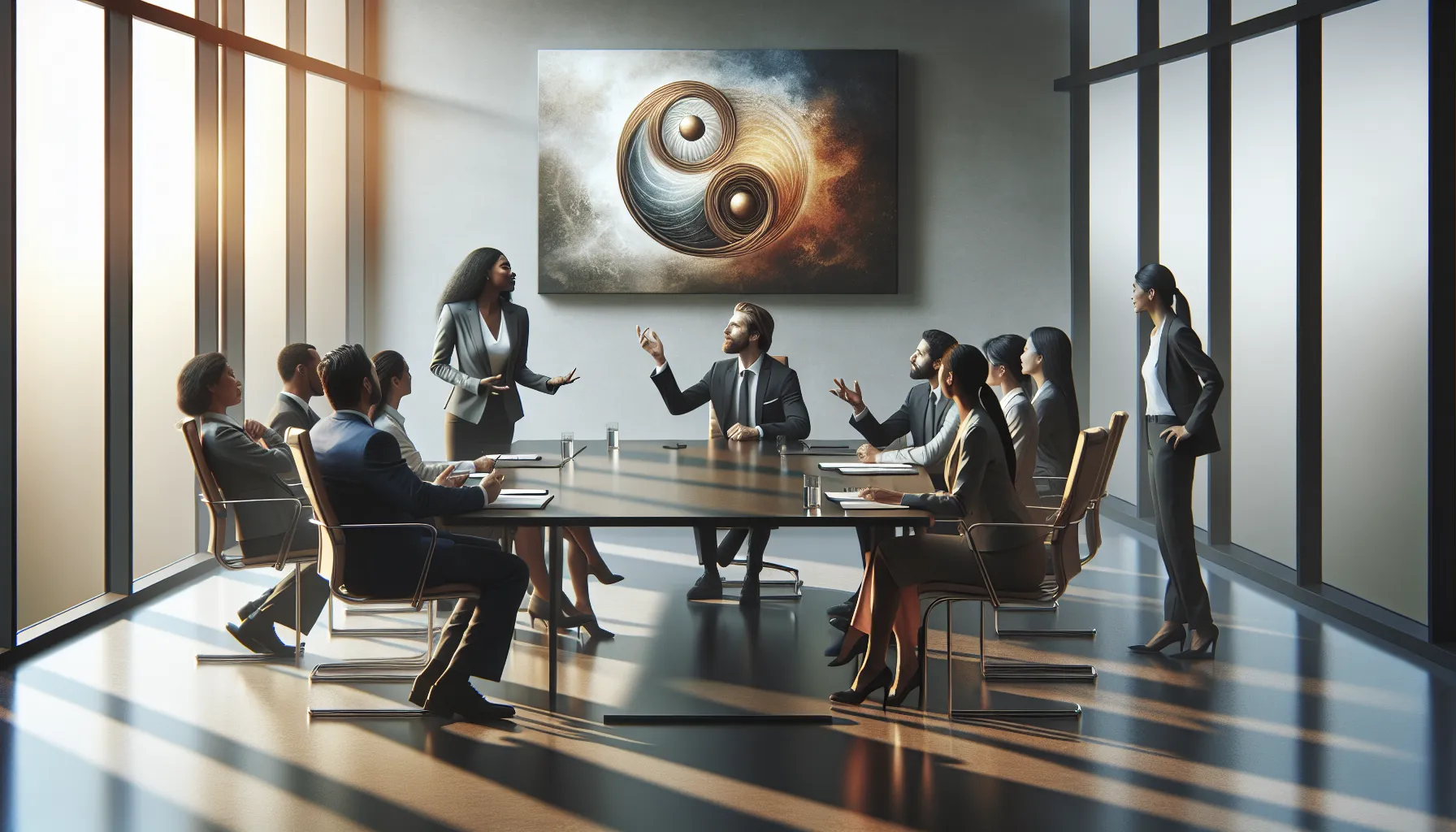 diverse team collaborating in a modern office, discussing cultural relevance.