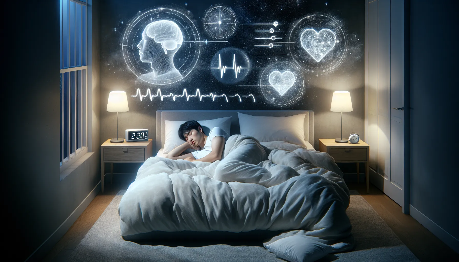 a man sleeping peacefully in a cozy bedroom, representing REM and deep sleep.