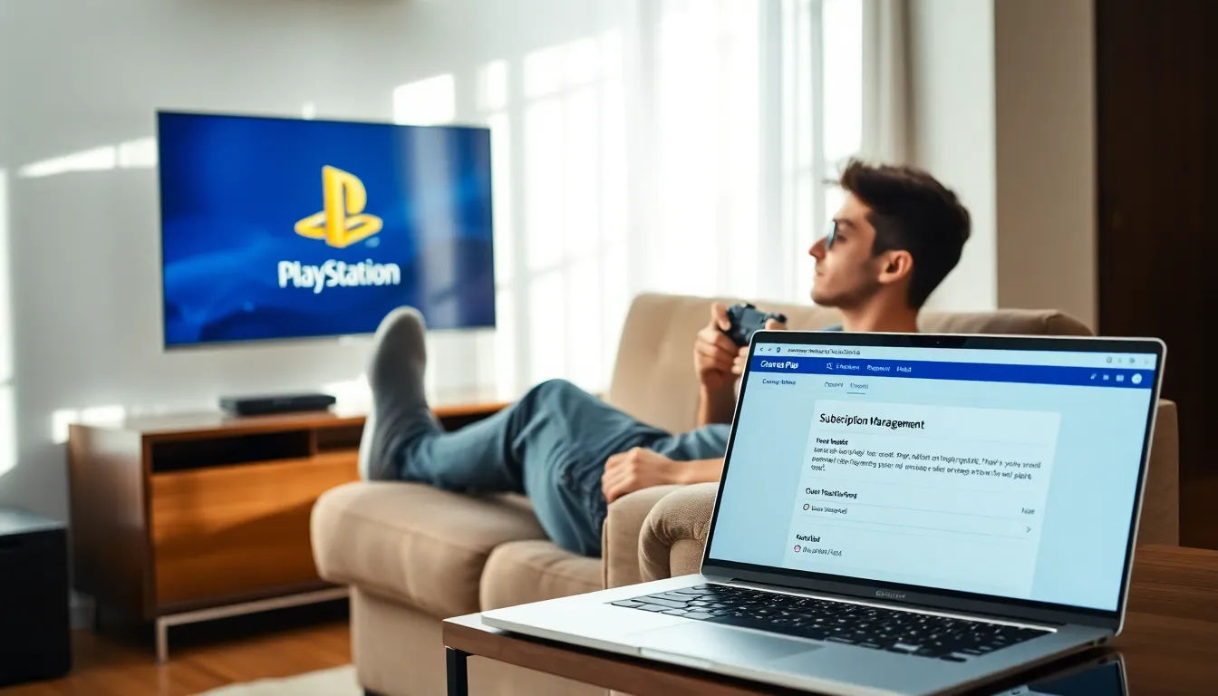 individual reviewing PlayStation Plus cancellation options in a cozy living room.