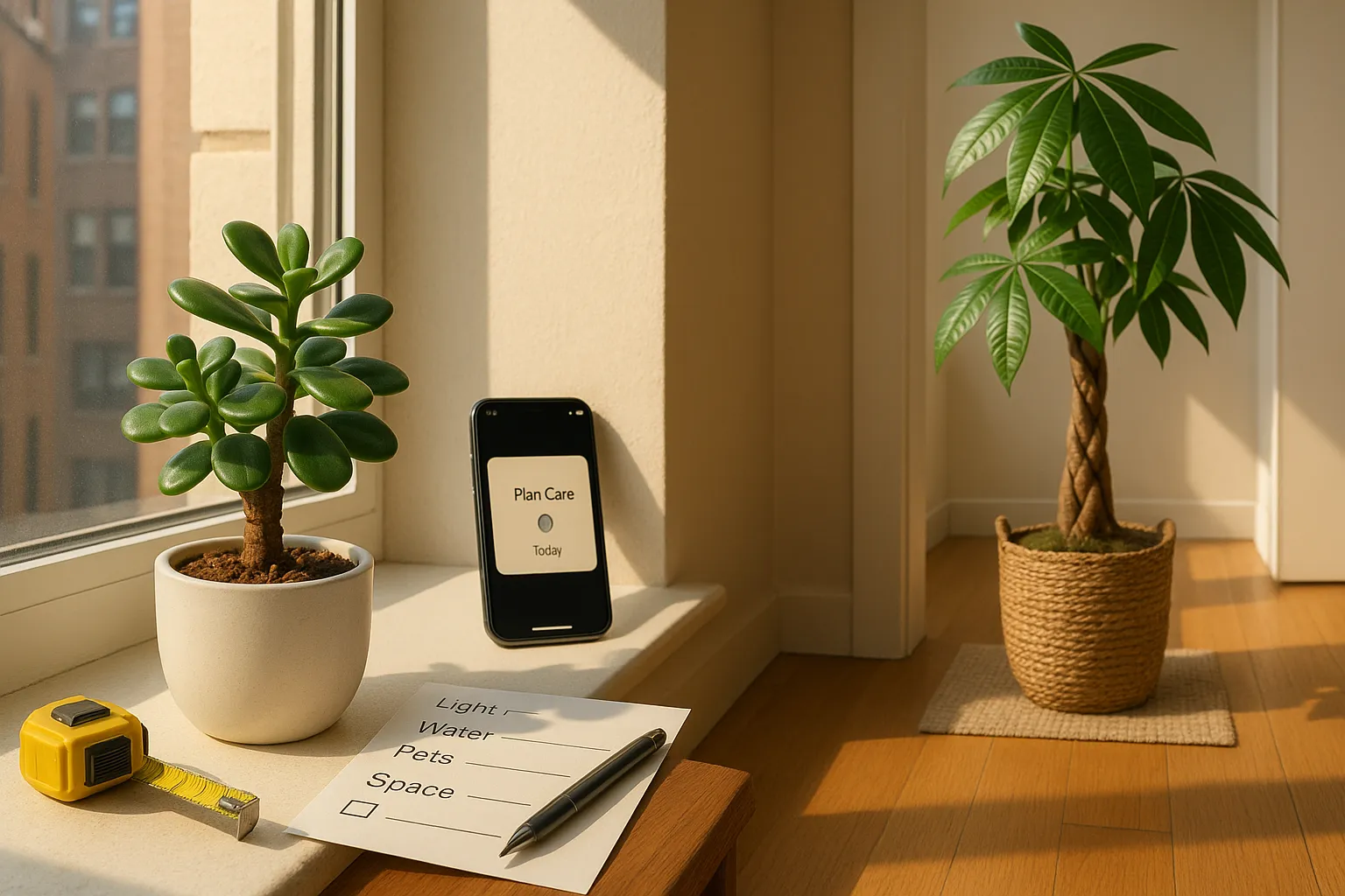 Small sunlit jade on a windowsill and a taller money tree by the entryway.