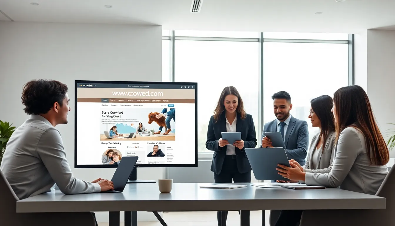 diverse professionals collaborating around digital devices in a modern office.