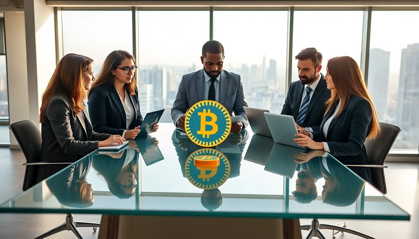 diverse team discussing cryptocurrency in a modern office.