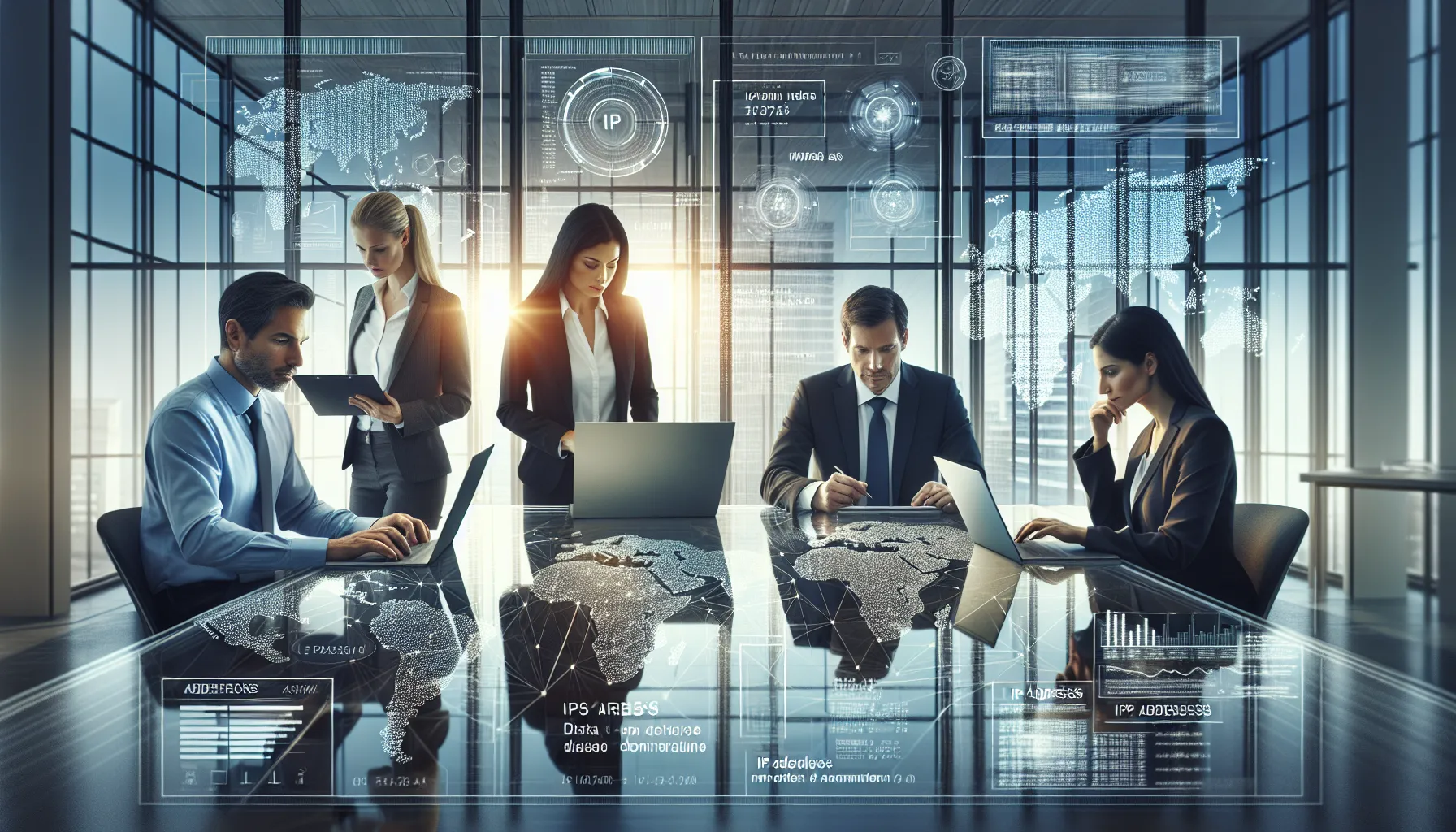 diverse professionals collaborating around laptops in a modern office.