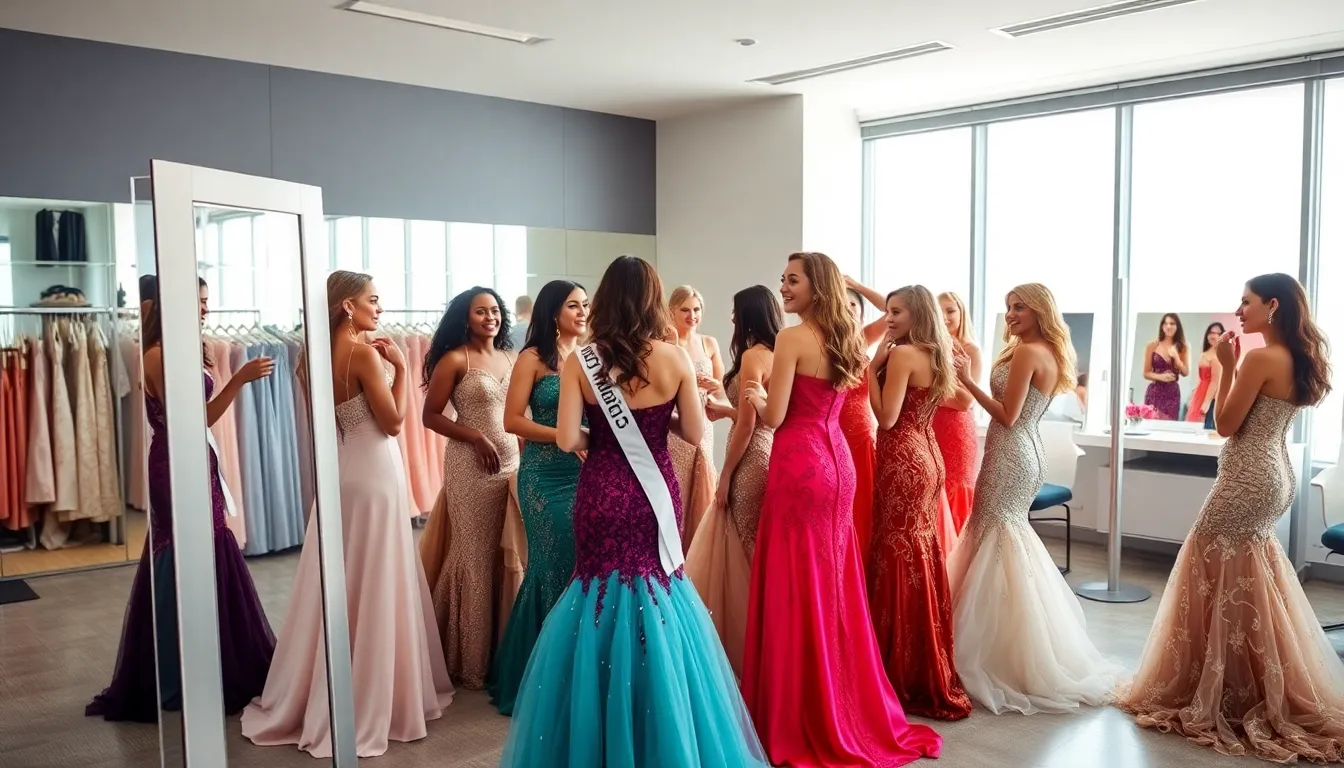 contestants preparing in elegant dresses for a beauty pageant.