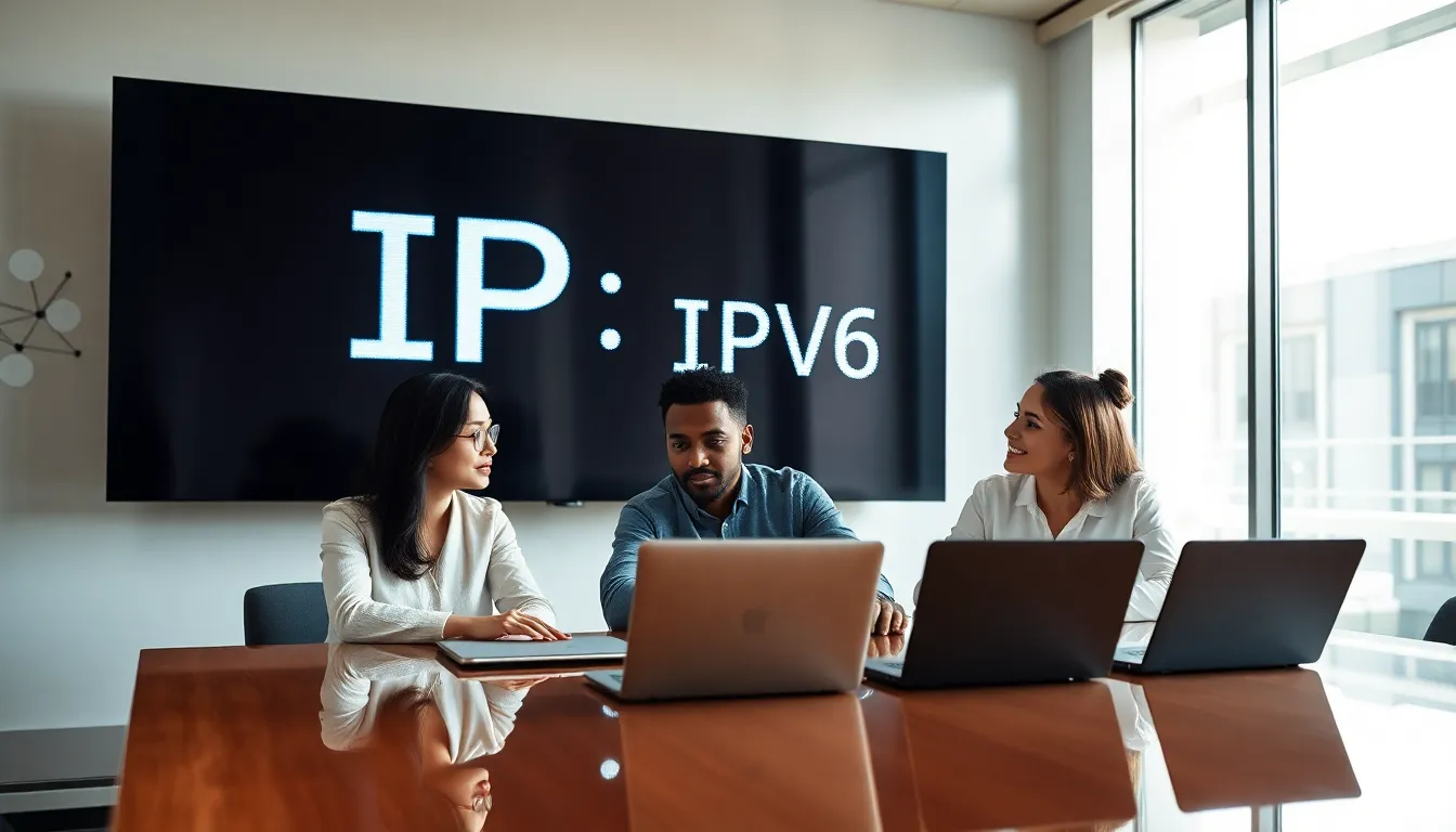 diverse team discussing IP address information in a modern office.