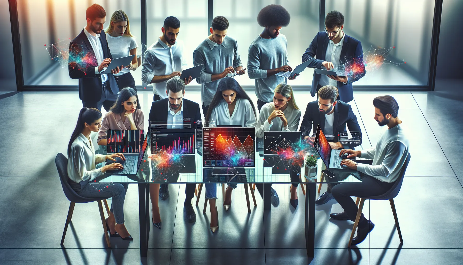 diverse professionals collaborating on gaming statistics in a modern workspace.