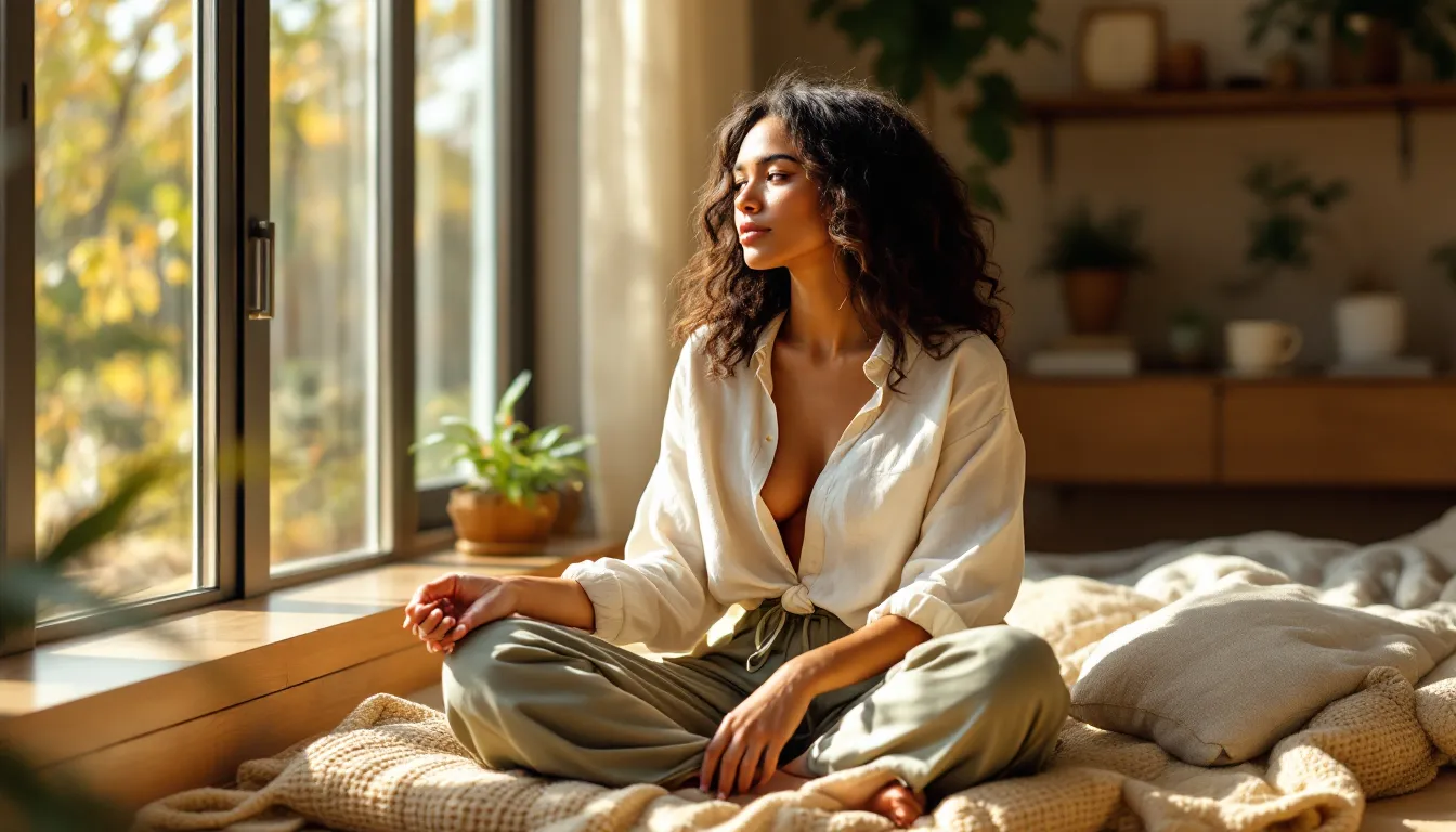 Woman sitting peacefully on a cushion journaling in a sunlit living room.