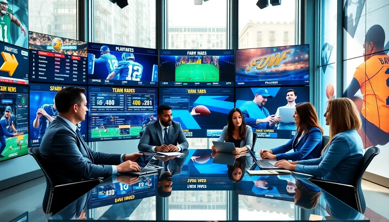 diverse sports analysts discussing latest trends in a modern newsroom.