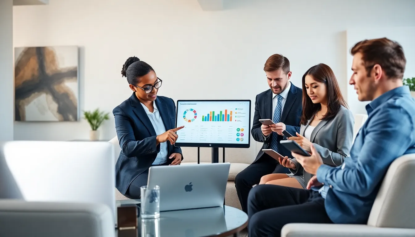 diverse professionals collaborating over software apps in a modern office.