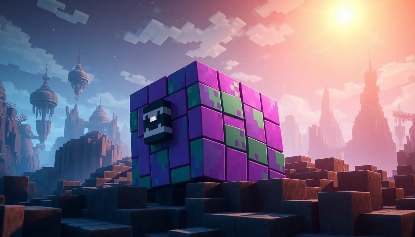 Minecraft shulker in a mystical End dimension landscape.