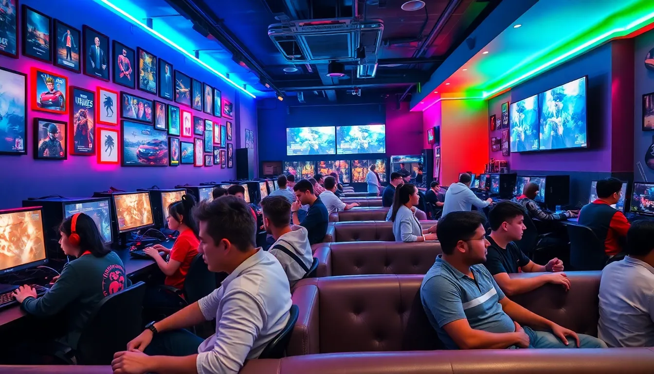 a vibrant esports bar filled with gamers and gaming memorabilia.