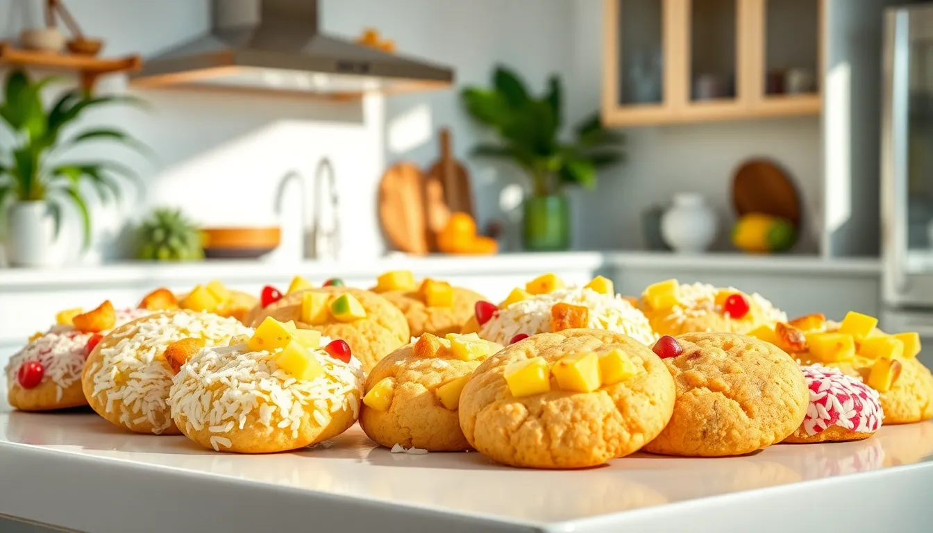 An array of colorful tropical cookies on a kitchen counter.