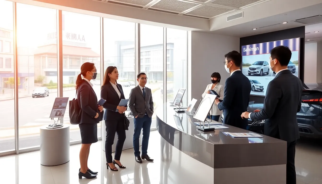 diverse staff assisting customers in a modern car rental office.
