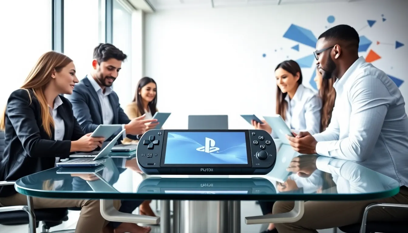diverse team discussing the new PlayStation Portable in a modern office.