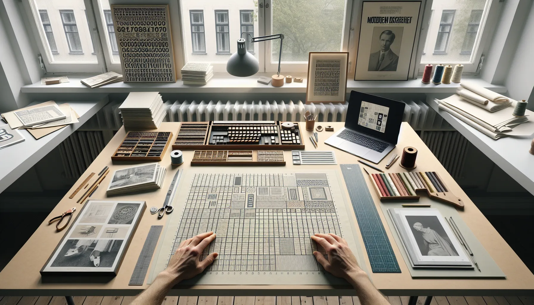 Norwegian design desk showing print tools, grids, and digital layouts over time.