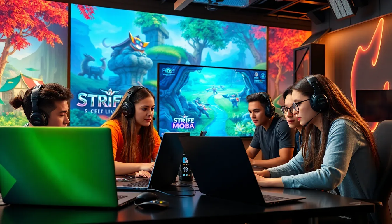 diverse team of gamers strategizing in a vibrant gaming studio.