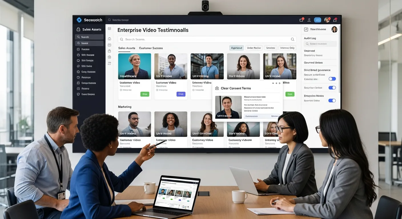 Enterprise team reviewing a secure, branded video testimonial library in a modern office.