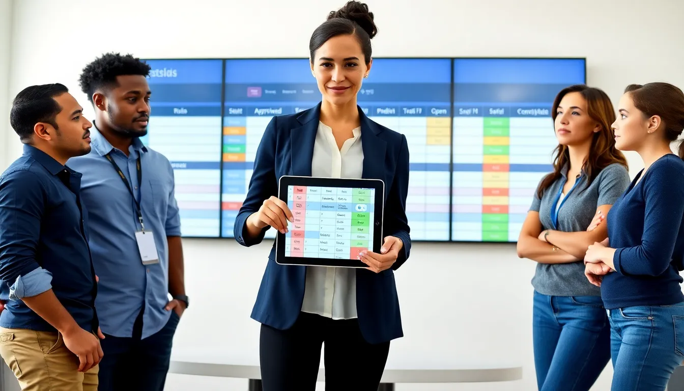 Manager pointing to a color-coded digital roster while staff review it together.