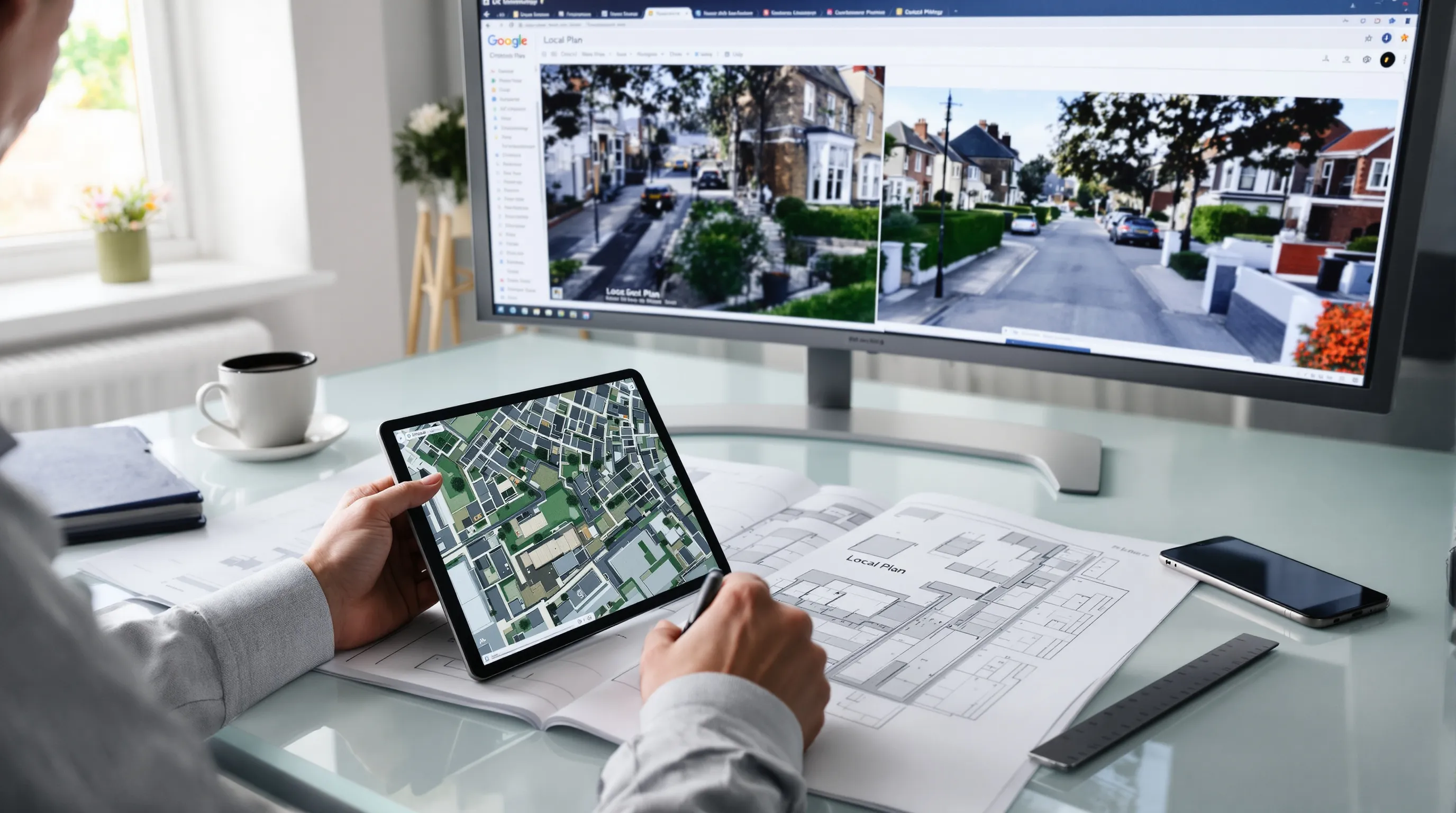 UK planning consultant reviewing site plans and local council policy documents at modern desk.