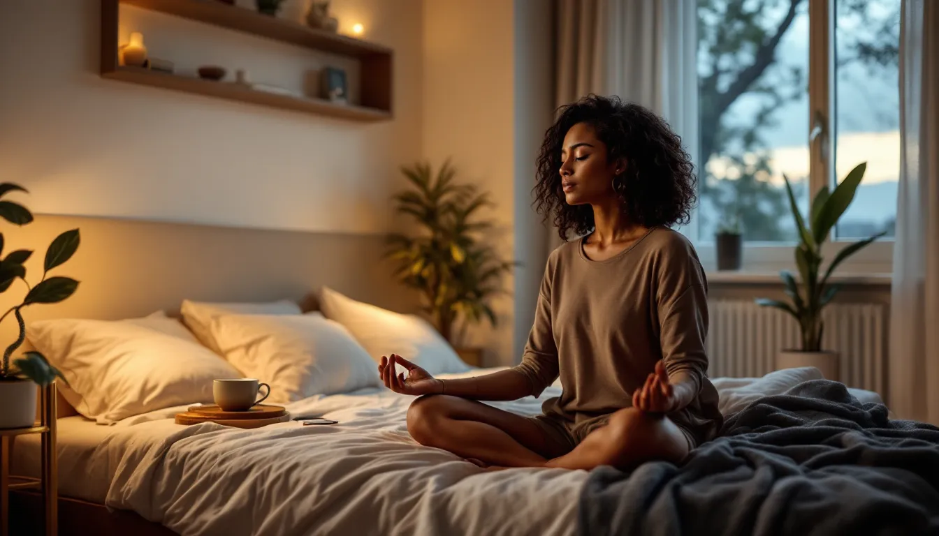 Woman meditating peacefully on a bed at twilight with phone set aside.