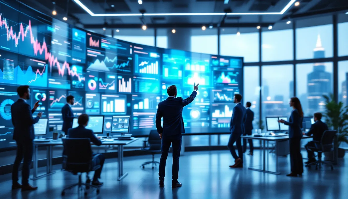 Professionals analyzing predictive analytics dashboards in a modern financial operations center.