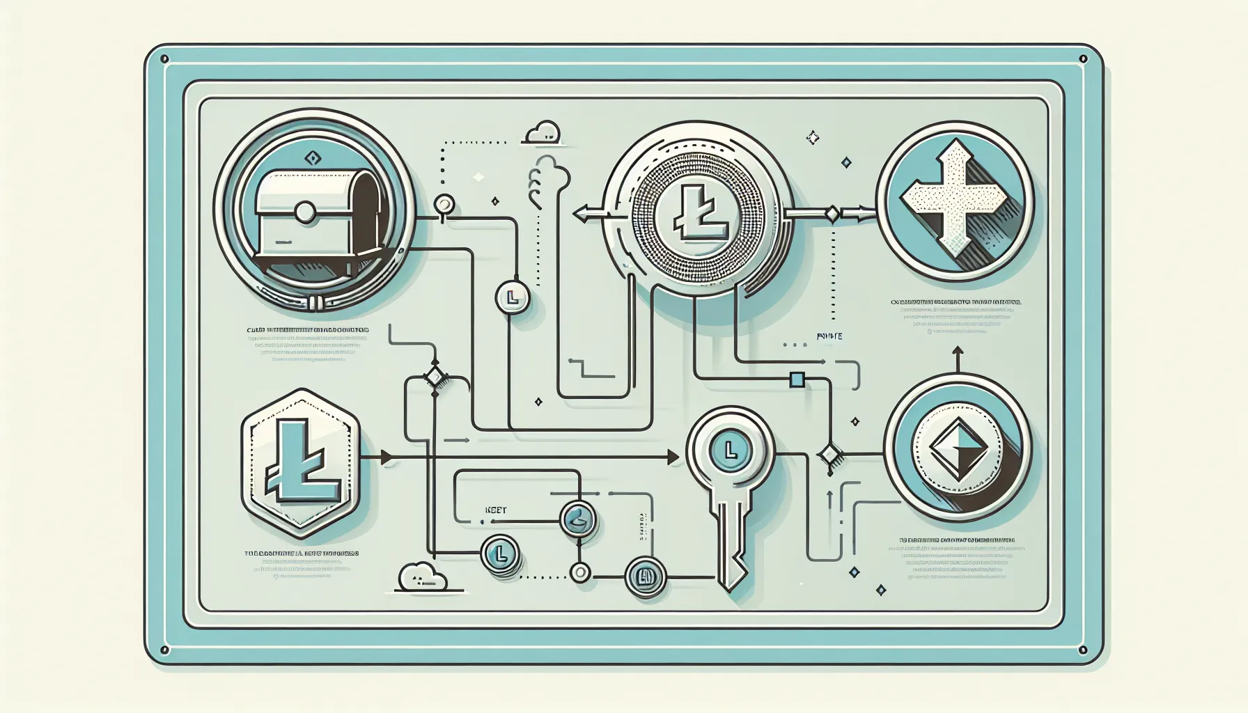 Infographic showing Litecoin wallet address, private key, and transaction input-output structure.