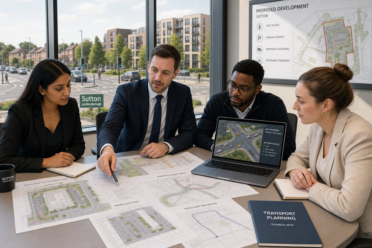 Traffic engineer reviewing development transport plans with a planning team in office.
