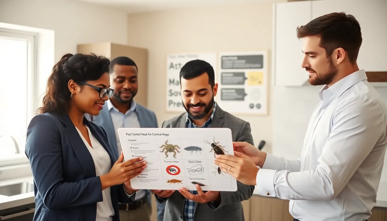 diverse team reviewing pest control analysis in a modern kitchen.