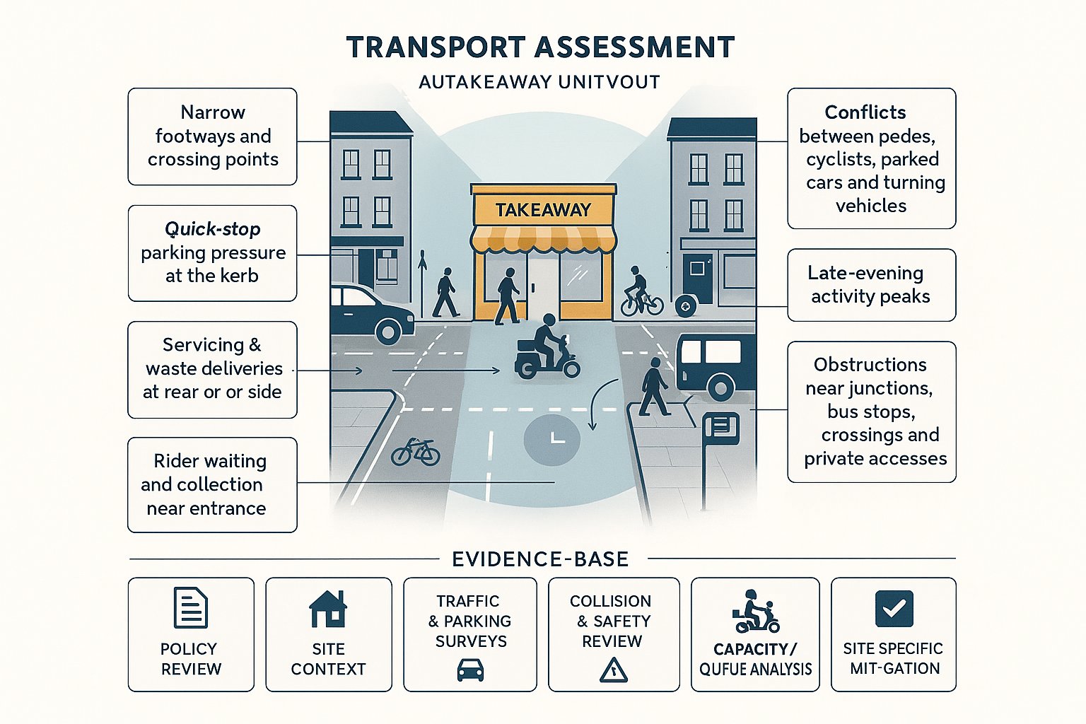 Infographic of takeaway transport issues and evidence needed for UK planning.