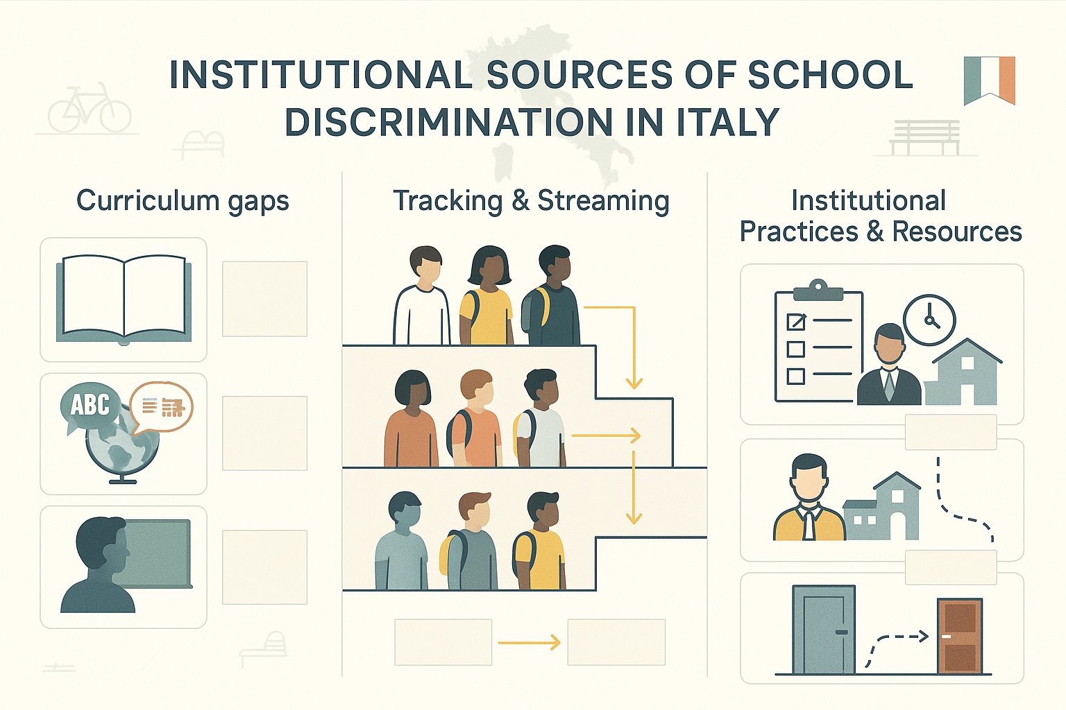 Diagramma che mostra lacune curriculari, livelli di tracking e pratiche scolastiche ineguali in Italia.