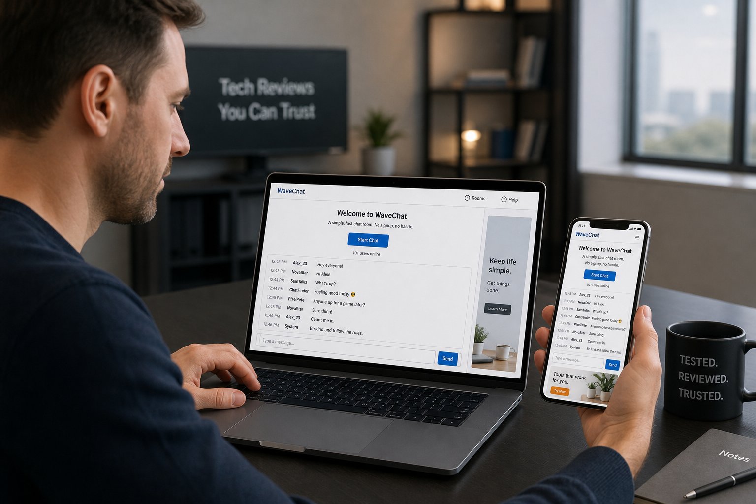 Reviewer compares minimalist text chat on laptop and phone in modern office.