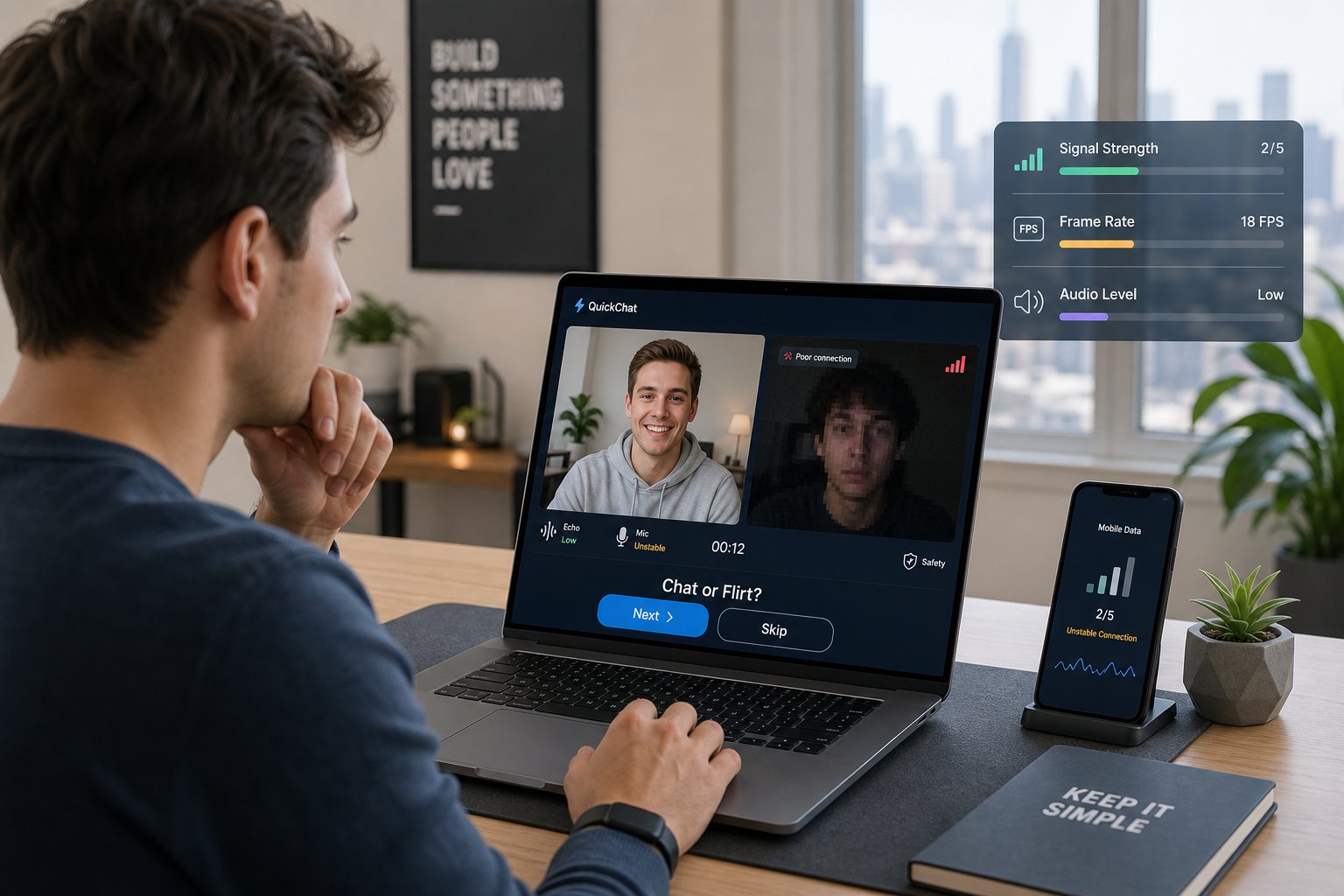Professional using laptop video chat with unstable connection and quick-skip interface.