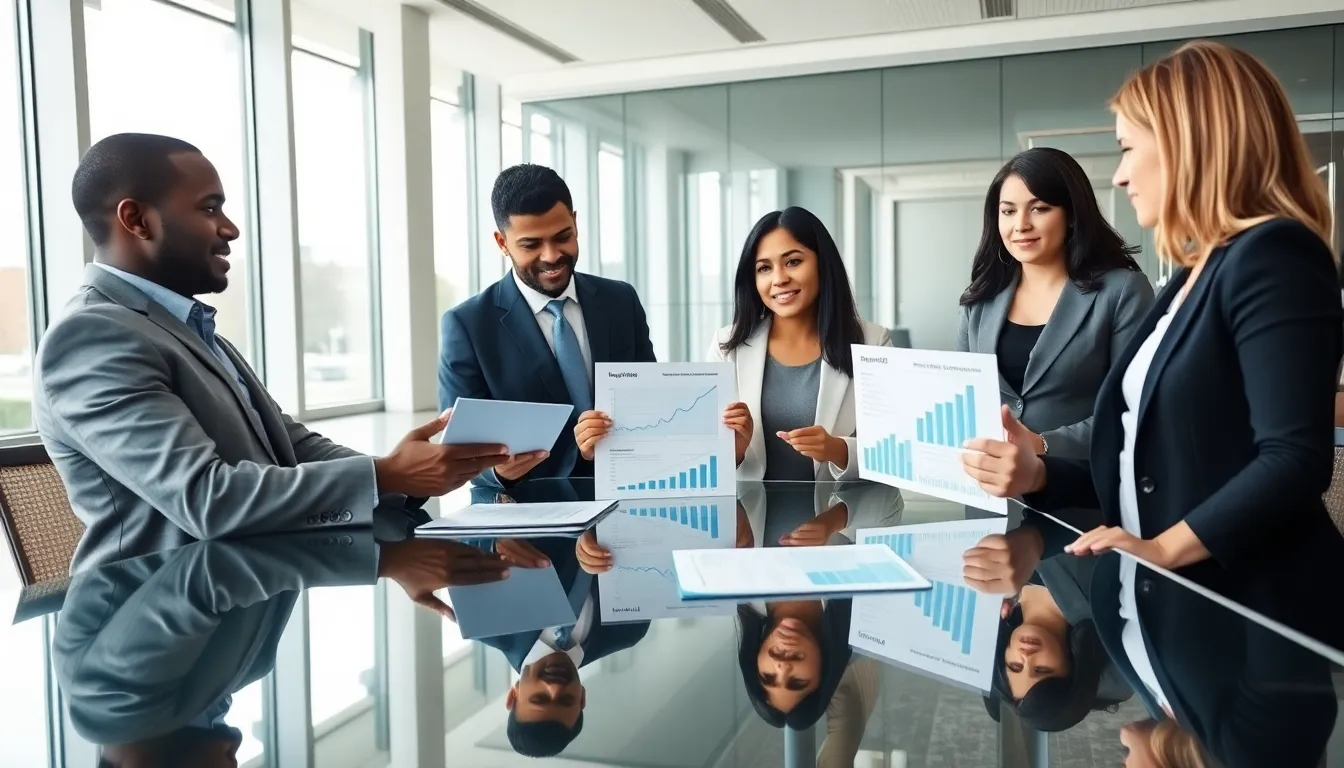 diverse finance professionals discussing home equity loans in a modern office.