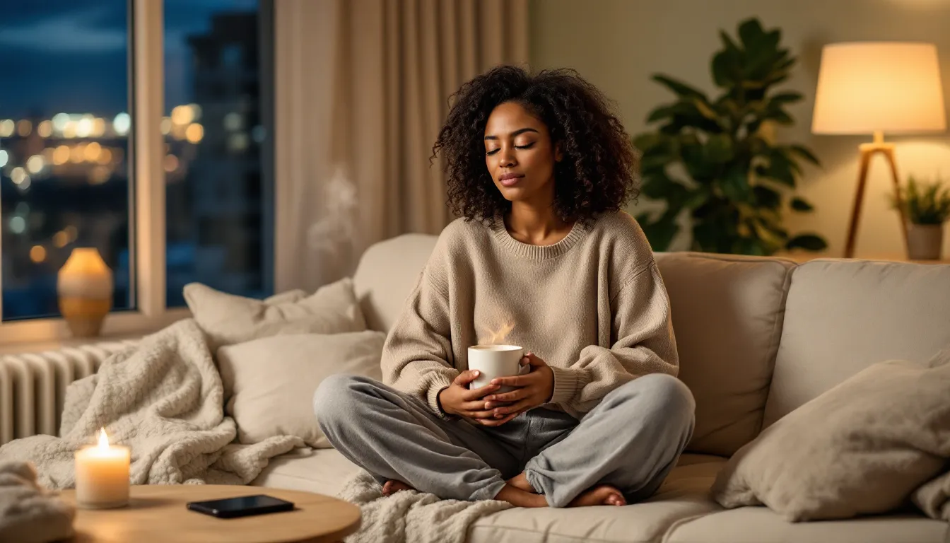 Woman sitting quietly on a couch holding a warm mug at evening.