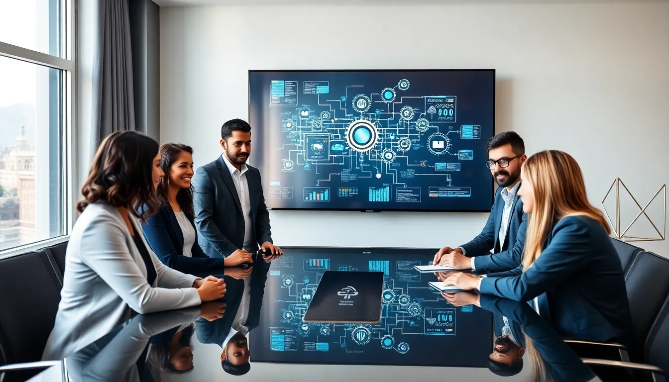 diverse team in a modern workspace discussing digital technology.