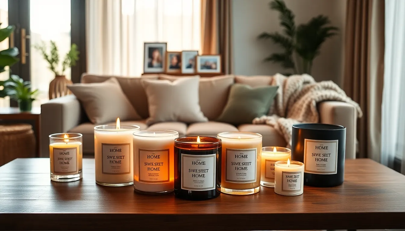 cozy living room with 'Home Sweet Home' candles on a wooden table.