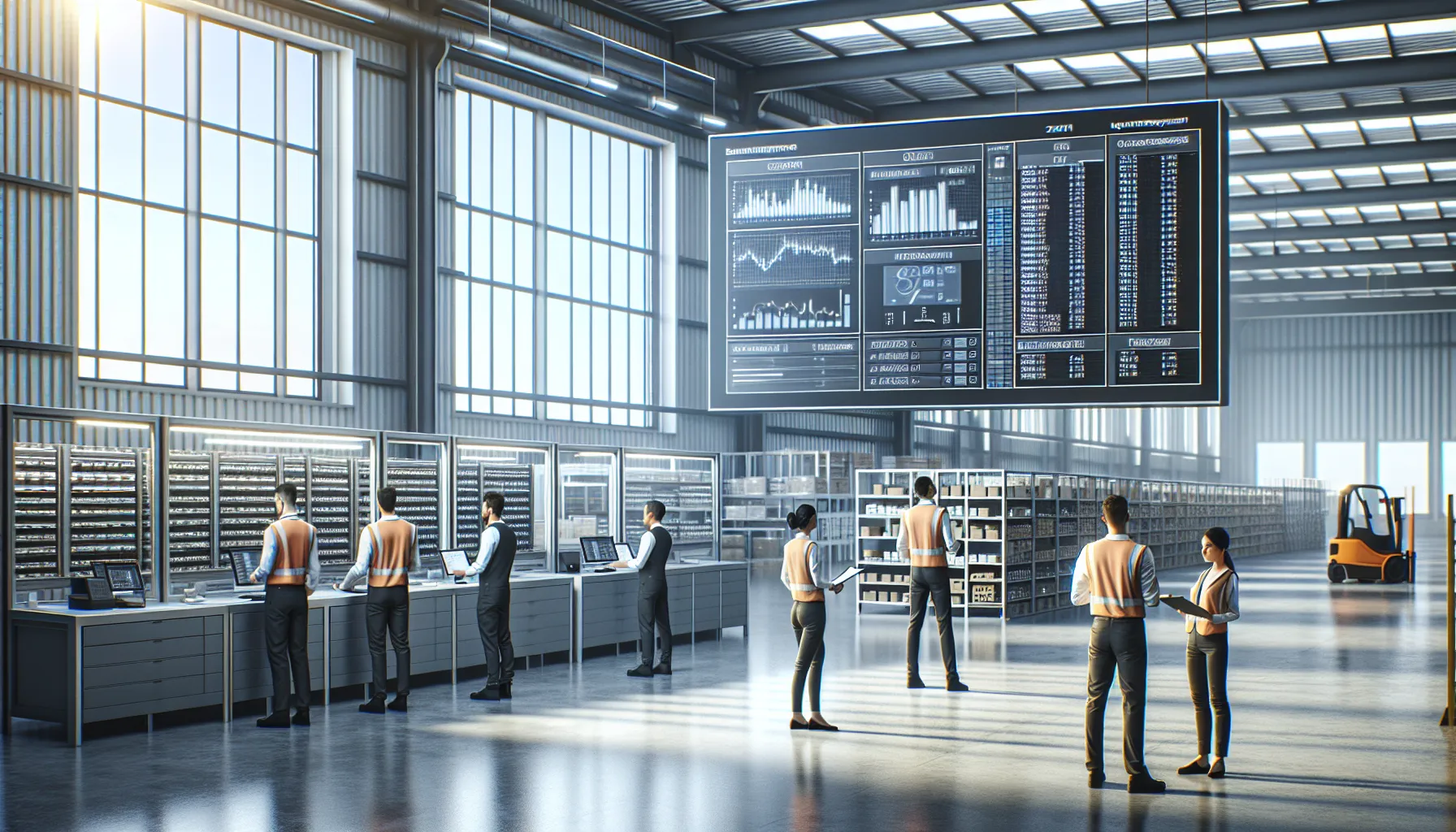 Diverse team managing inventory in a modern manufacturing facility.