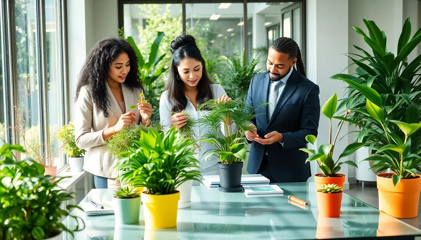 diverse professionals identifying different house plants in a modern indoor garden.