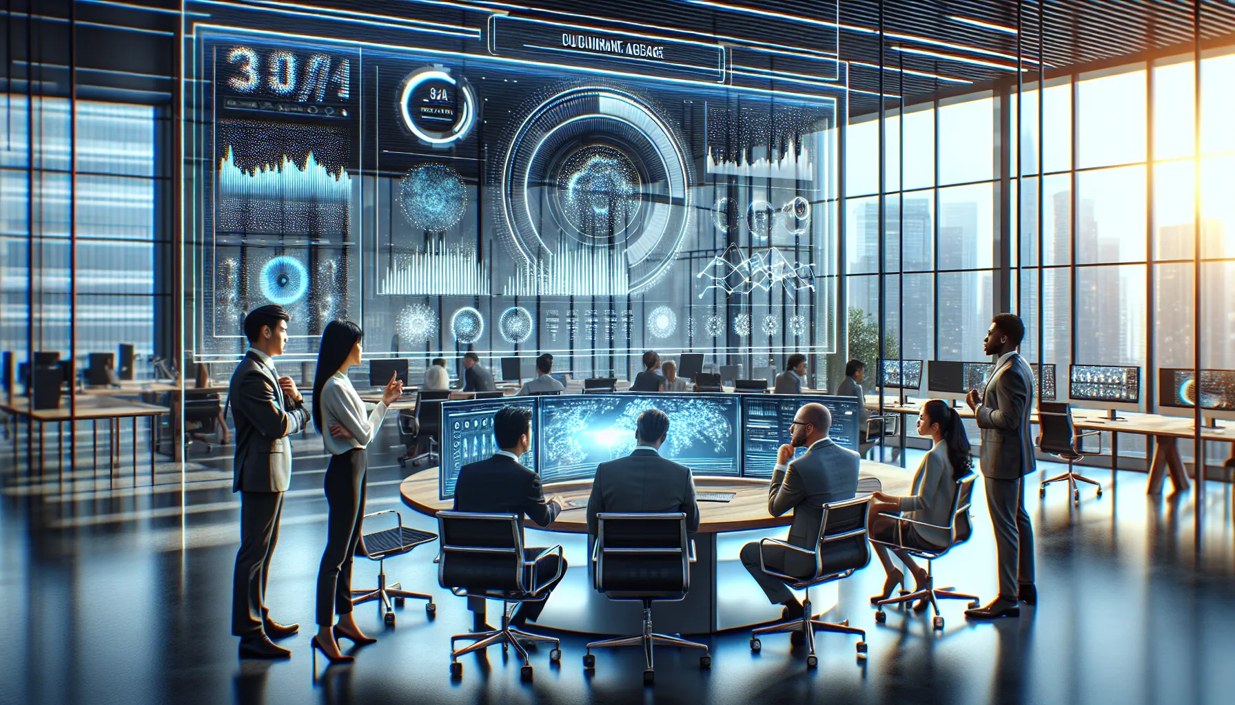 diverse team discussing a digital dashboard in a modern office.