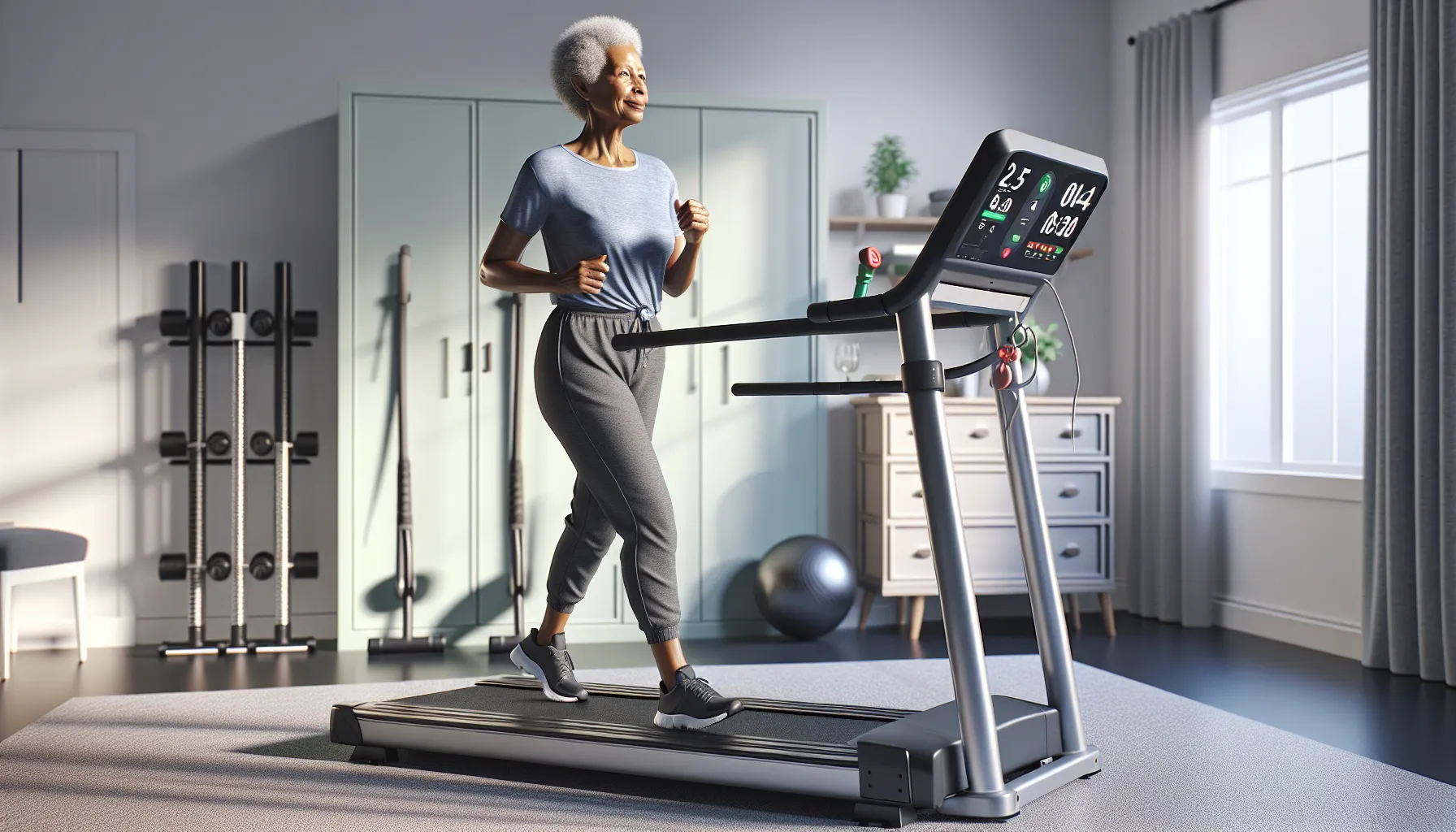 Older woman walking on treadmill with long handrails and safety key.