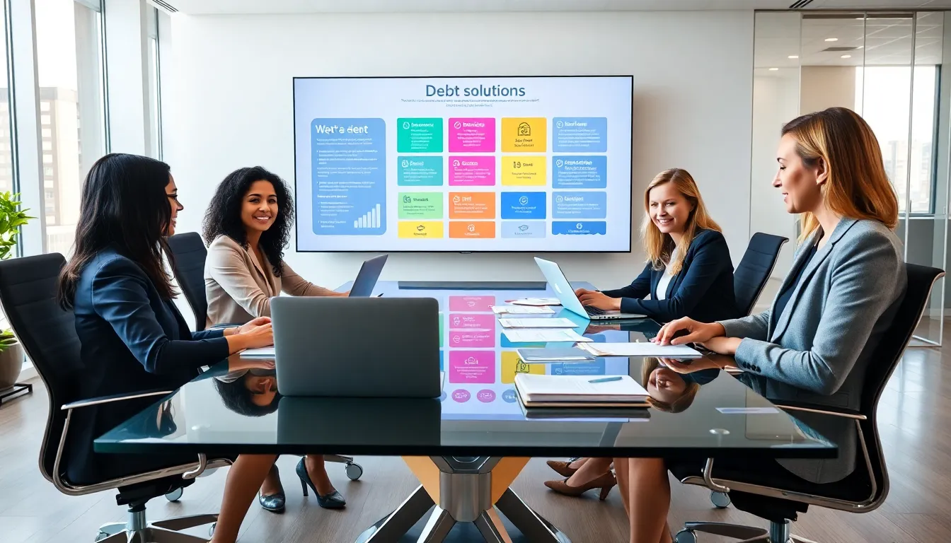 diverse team discussing debt solutions in a modern office.